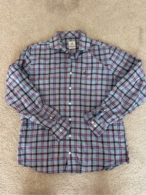 Johnnie-O Men's Light Blue Plaid Button-Down Shirt with Red Accent Large